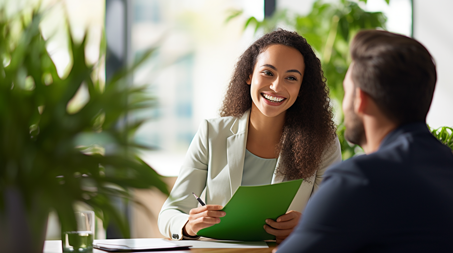 Eine lächelnde Frau diskutiert verschiedene Förderungsformulare mit einem Mann. Beide sitzen in einem hell beleuchteten Büro, umgeben von grünen Pflanzen, die das Konzept der grünen Energie symbolisieren.