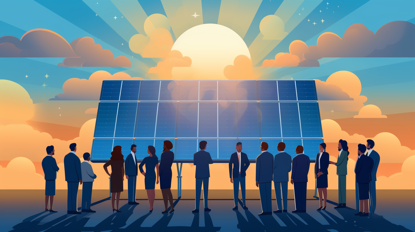 Eine Gruppe von Menschen steht in der Nähe eines großen Solarmoduls. Sie werden über die Technologie und die Vorteile erneuerbarer Energie aufgeklärt.