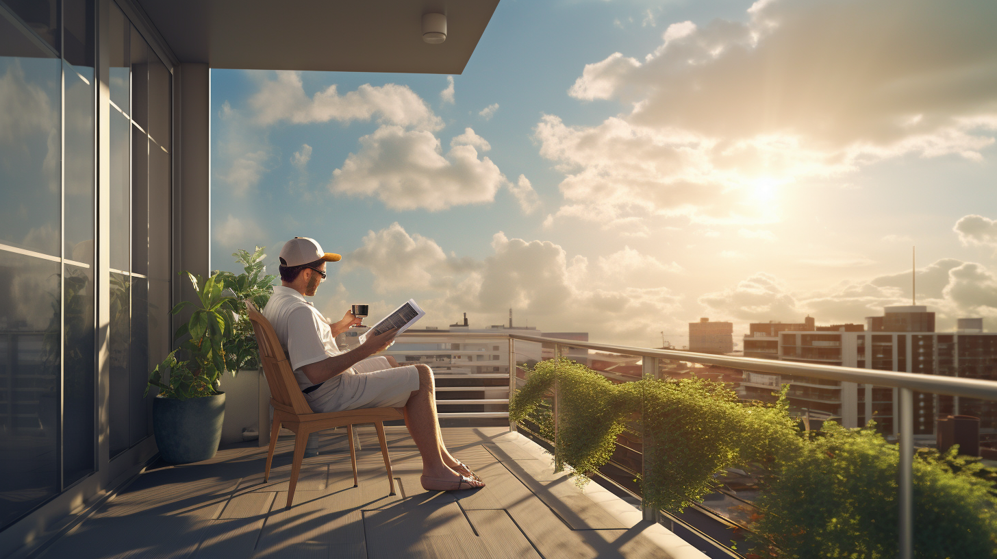 Person liest ein Buch über Solarenergie auf ihrem Balkon