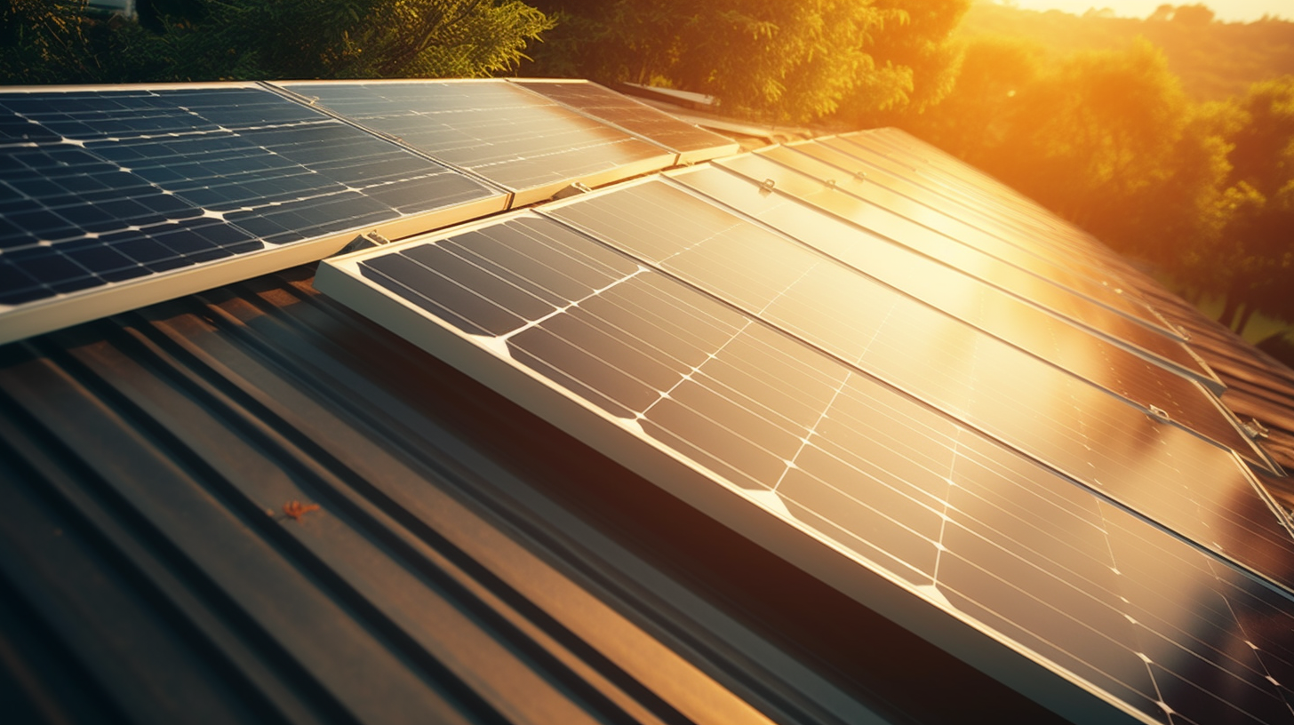 Luftaufnahme einer Solarpanel-Installation auf dem Dach unter strahlendem Sonnenlicht, betont das Konzept einer nachhaltigen Energiequelle.