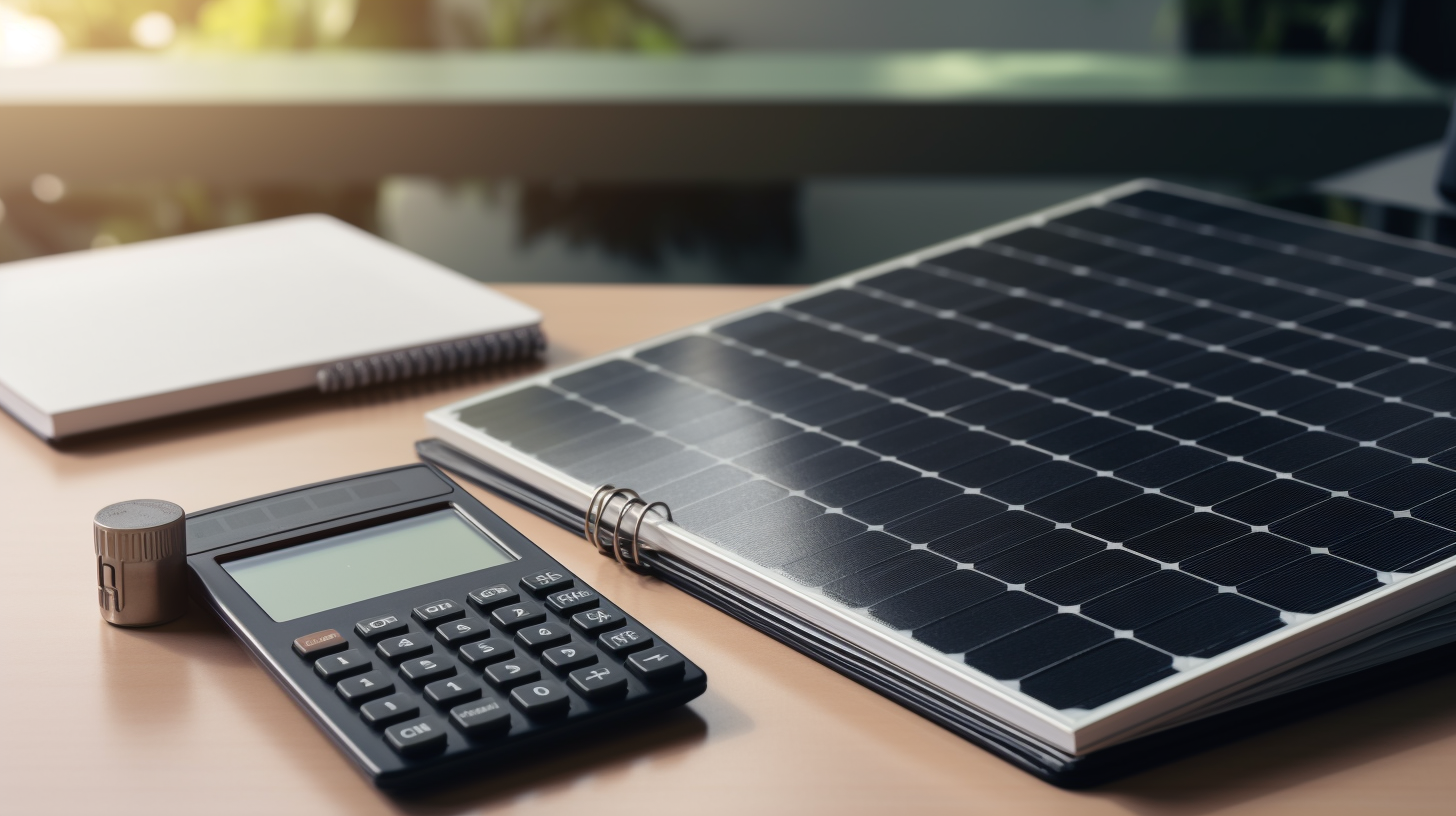 Ein Mann, der einen Taschenrechner und ein Notizbuch verwendet, um die Rendite einer Solaranlagen-Investition zu berechnen.