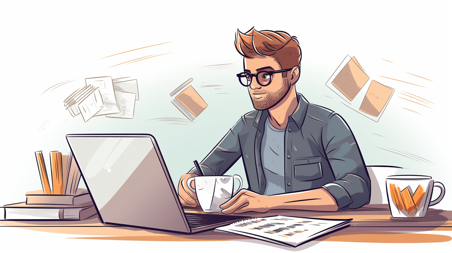 Ein Mann sitzt an seinem Schreibtisch und betrachtet aufmerksam den Bildschirm seines Laptops, auf dem er scheinbar seine Ausgaben in einer Haushalts-App überprüft und dabei Notizen macht.