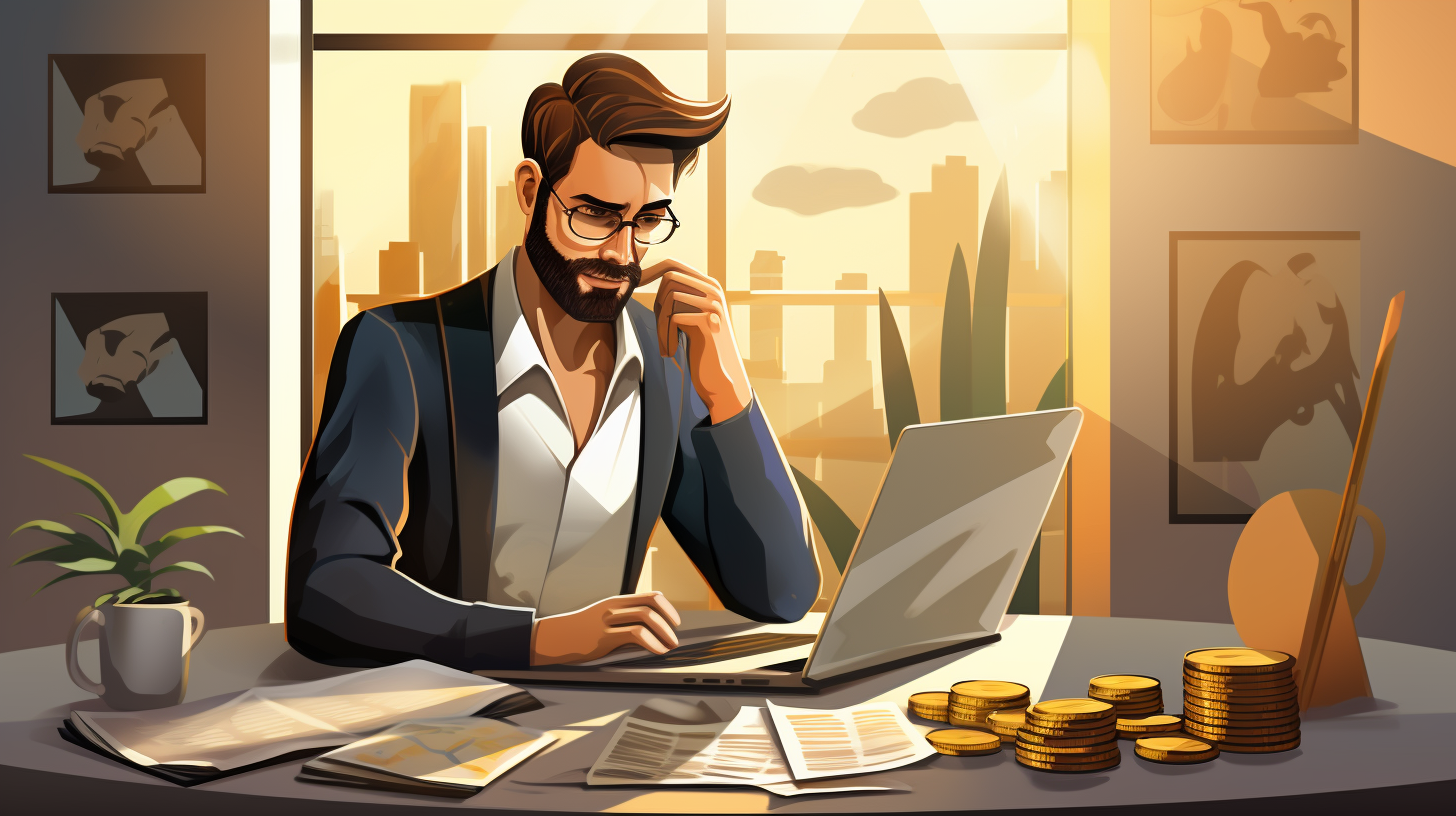 Ein Mann, der einige Finanzdokumente überprüft, vor einem Laptop, einem Taschenrechner und einigen Münzen.