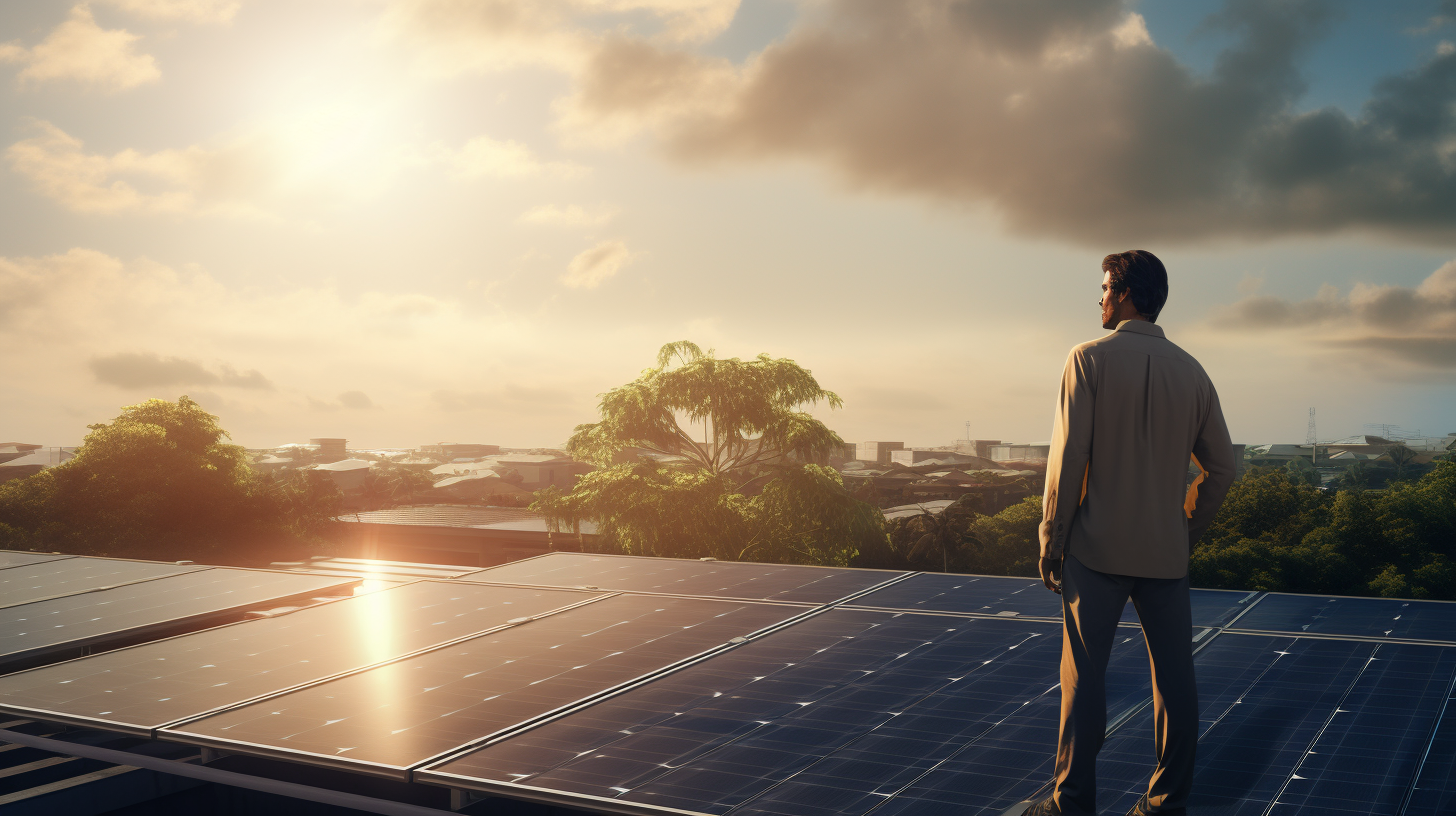 Ein Mann betrachtet ein 600-Watt-Solarpanel-System, das auf einem Dach montiert ist.