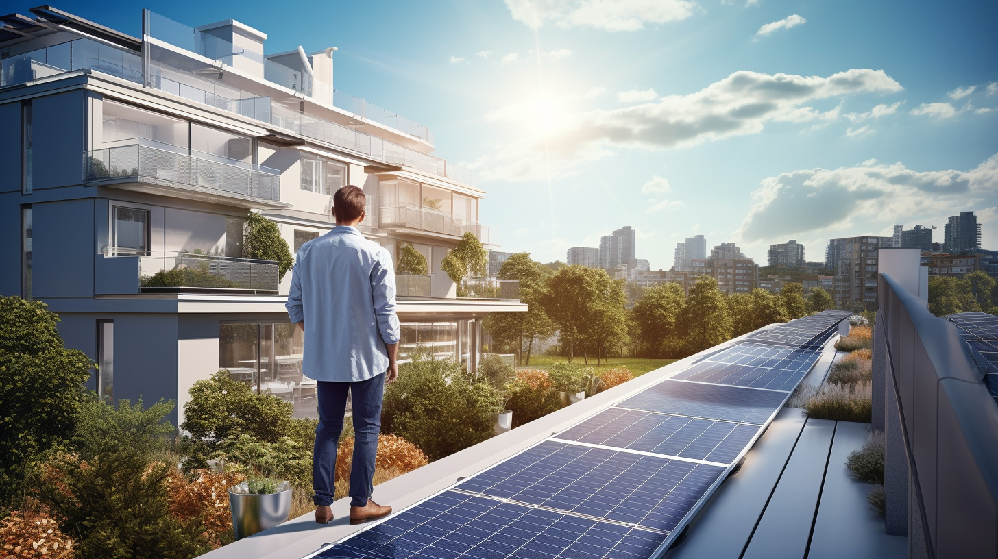 Ein Mann steht auf einem Balkon und betrachtet die installierten Photovoltaikmodule an einem sonnigen Tag.