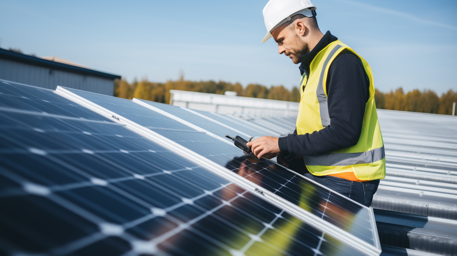 Ein Mann überprüft ein photovoltaisches Solarmodul und berücksichtigt Qualität und Leistungsfaktoren, die die Kosten eines Solarstromsystems mit Energiespeicherung beeinflussen können.