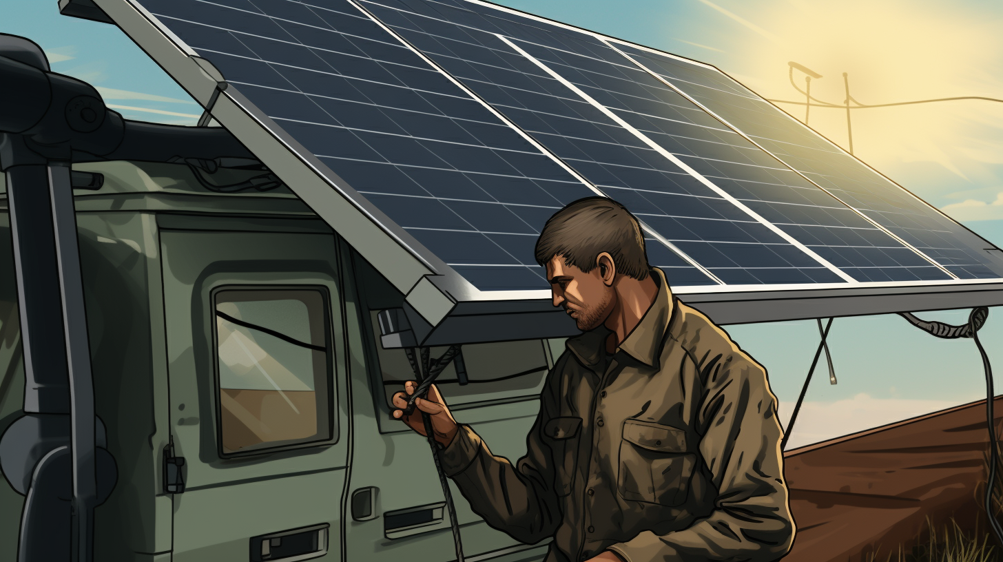 Ein Mann untersucht ein monokristallines Solarmodul auf dem Dach eines Wohnwagens.