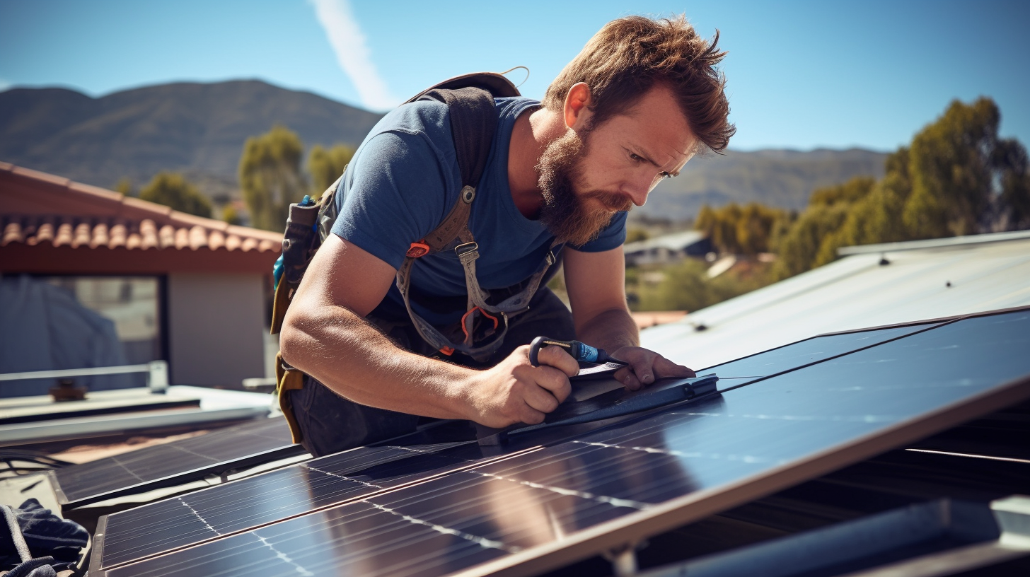 Ein Flachkollektor-Solarpaneel wird von einem Mann auf einem Dach installiert.