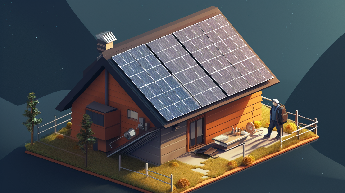 Ein Mann montiert ein Solarmodul auf dem Dach eines kleinen Gebäudes, was eine praktische Anwendung eines Mini-Solarsystems darstellt.