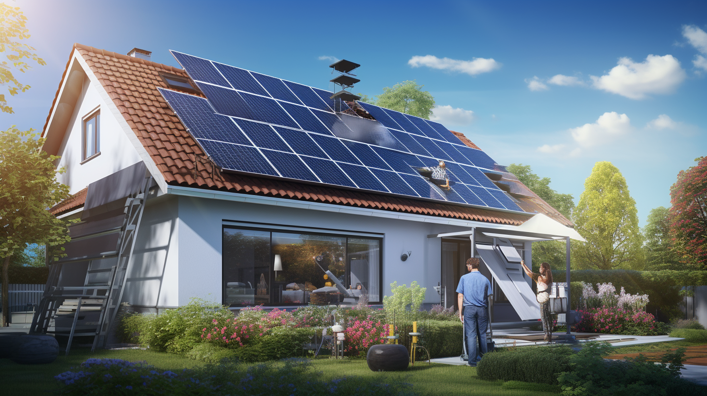 Ein fotorealistisches Bild von auf einem typischen Vorstadthaus installierten Solarpaneelen. Das Bild zeigt auch einen Mann, der an einem sonnigen Tag ein Photovoltaikmodul installiert.