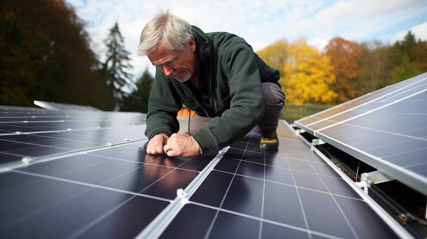 Ein konzentrierter Mann installiert gerade eine Solaranlage auf dem Dach seines Wohnwagens. Er positioniert die Panels, während er von einer grünen Landschaft umgeben ist, die die ökologischen Vorteile solcher Solaranlagen unterstreicht.