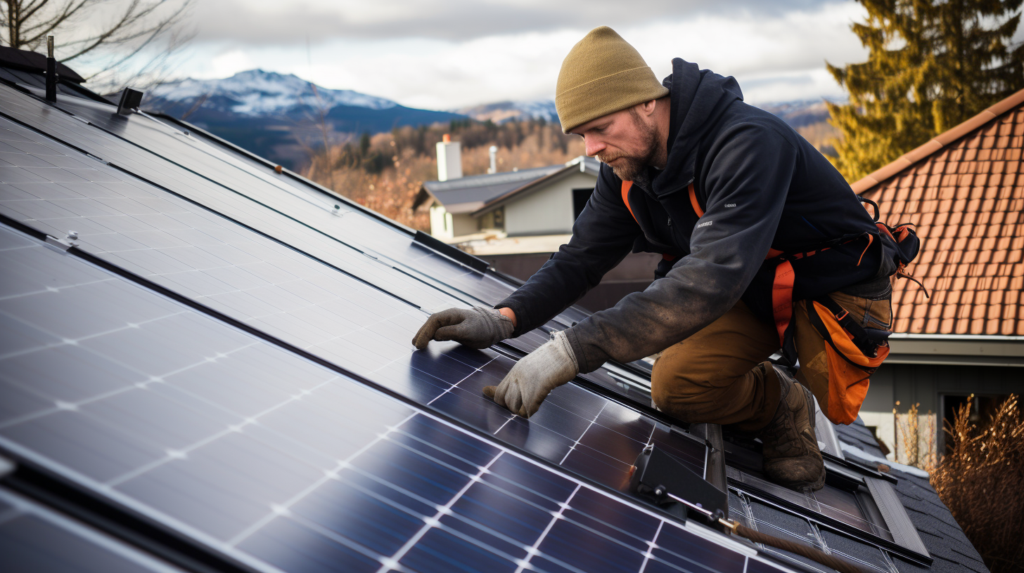 Ein Mann montiert eine Solaranlage auf dem Dach seines Hauses.