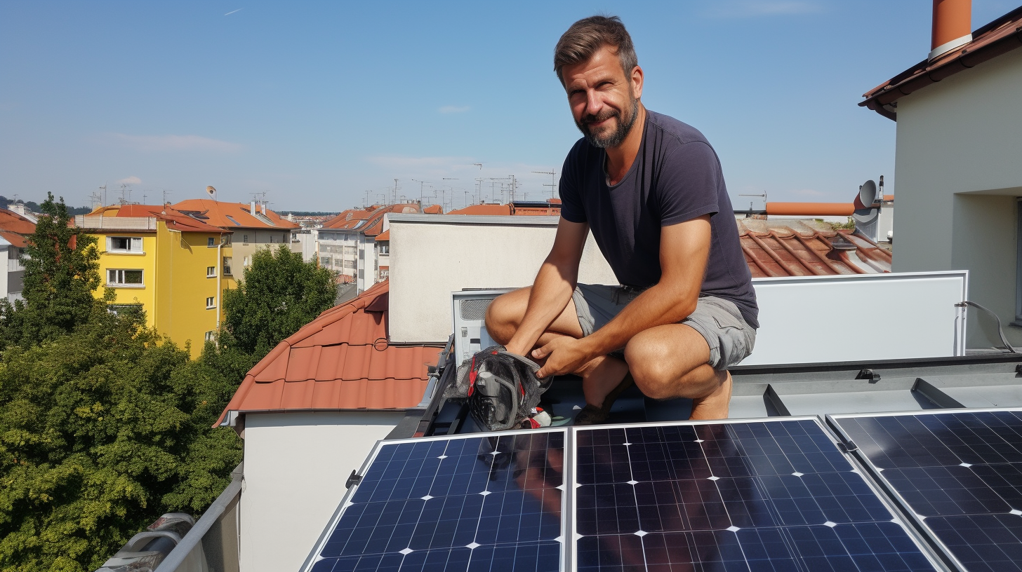 Ein Mann montiert ein 600-Watt-Solarpanel auf seinem Balkon, das seine kompakte Größe und einfache Installation zeigt.