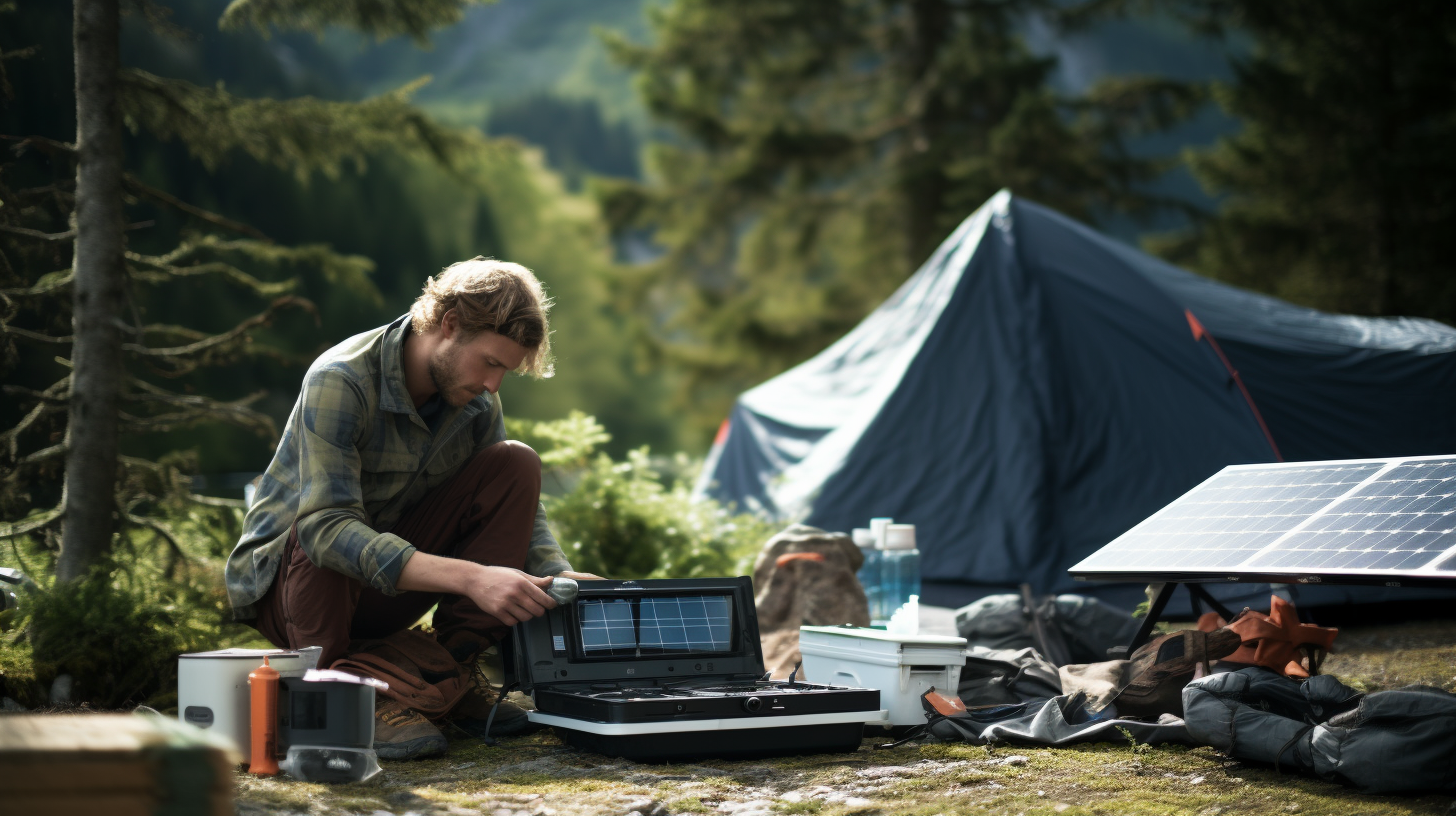Ein Mann richtet ein tragbares Solarpanel-System in einer Camping-Umgebung ein.