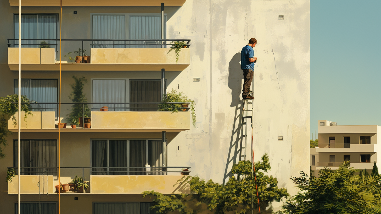 Ein Mann, der mit einem ausziehbaren Maßband die Fläche eines Balkons misst.