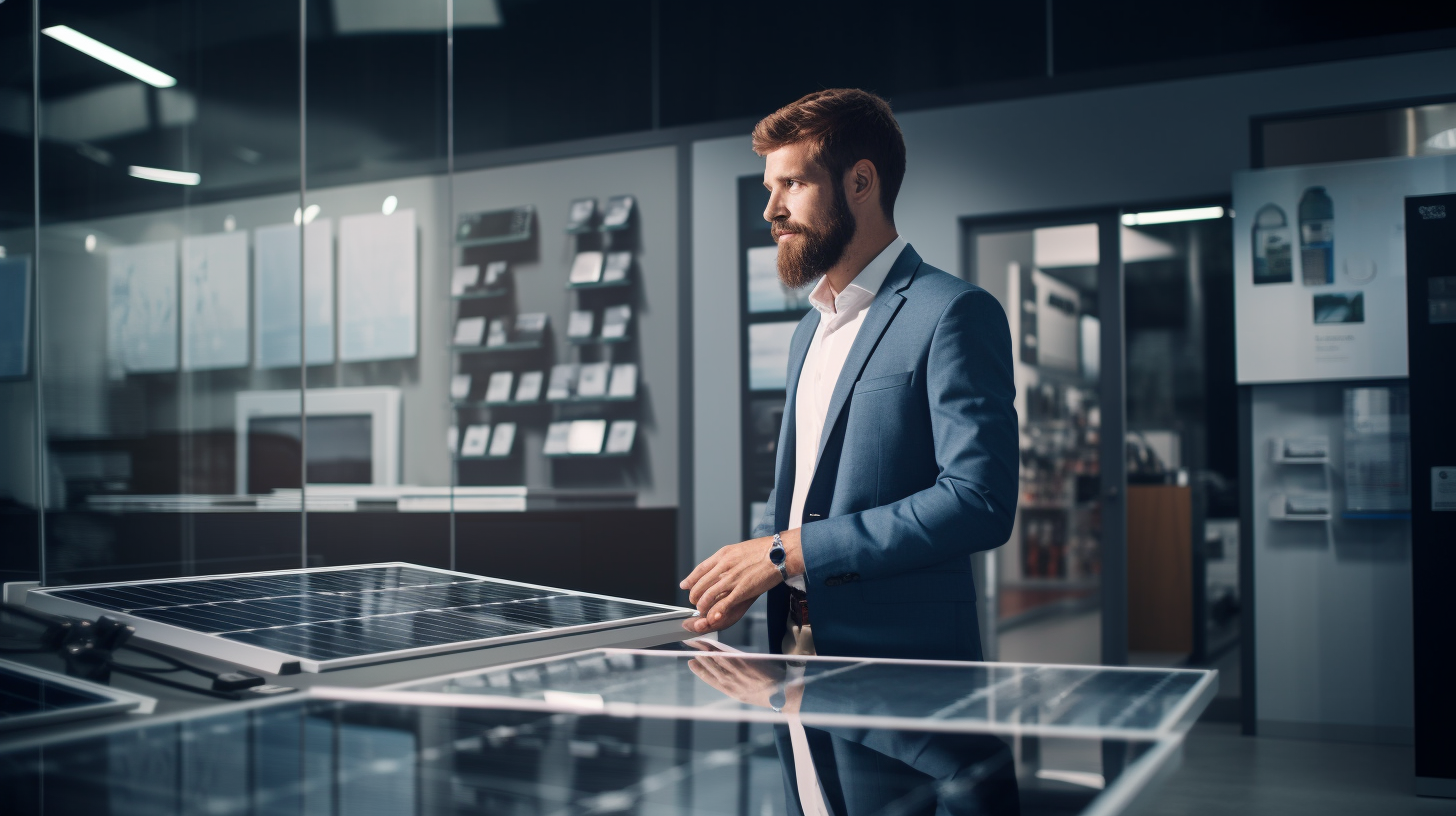 Ein Mann betrachtet verschiedene Solarmodell-Optionen in einem Ausstellungsraum und überdenkt sorgfältig seine Investition.