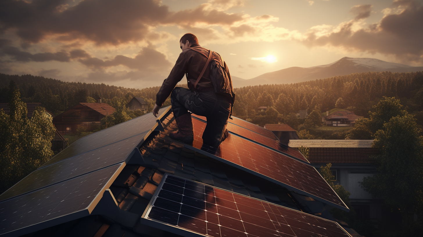 Ein Mann prüft das Dach auf den richtigen Standort zur Installation eines Solarmoduls.