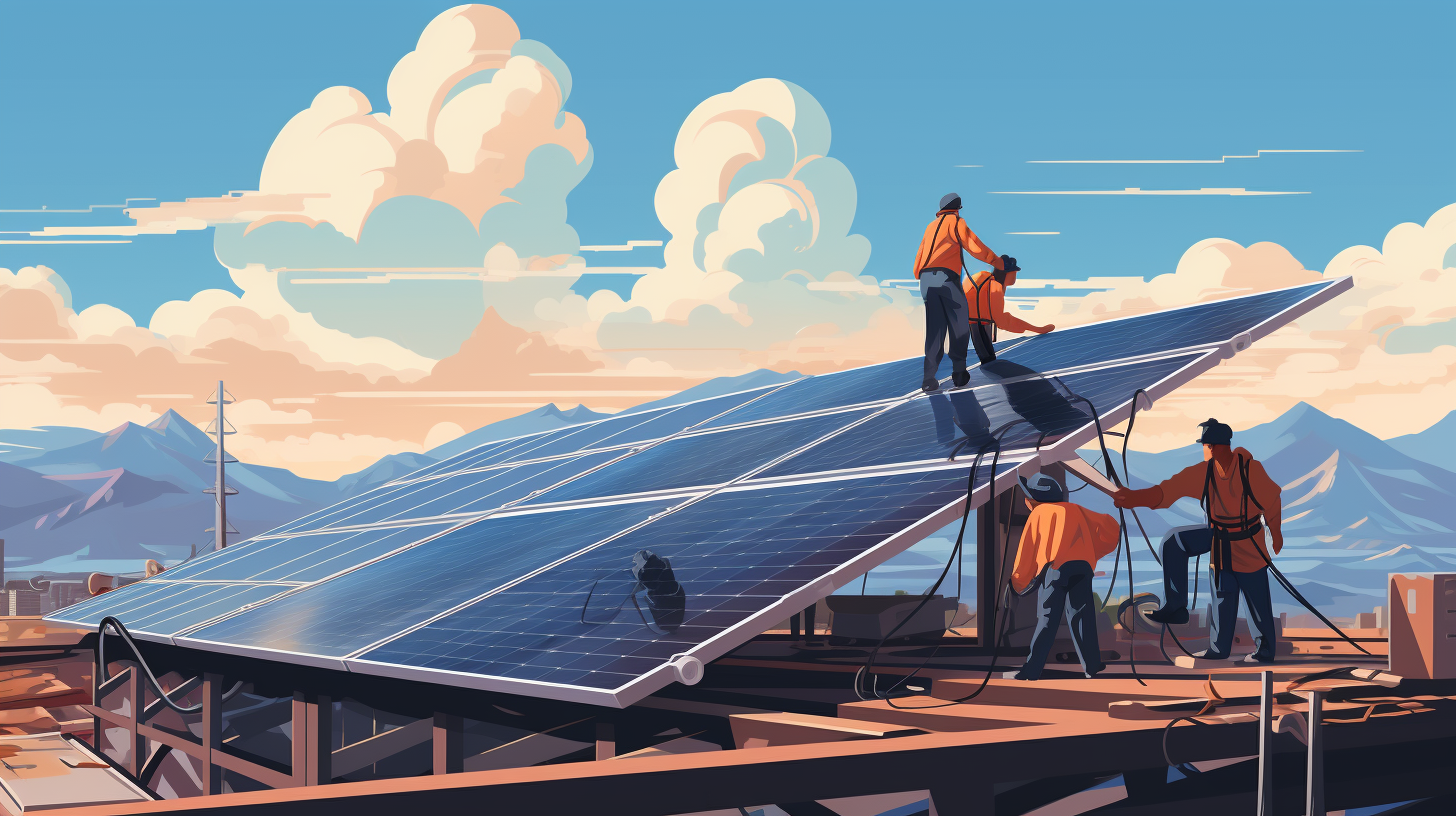 Ein Bild von Personen, die an einem sonnigen Tag Solarpaneele auf dem Dach installieren.