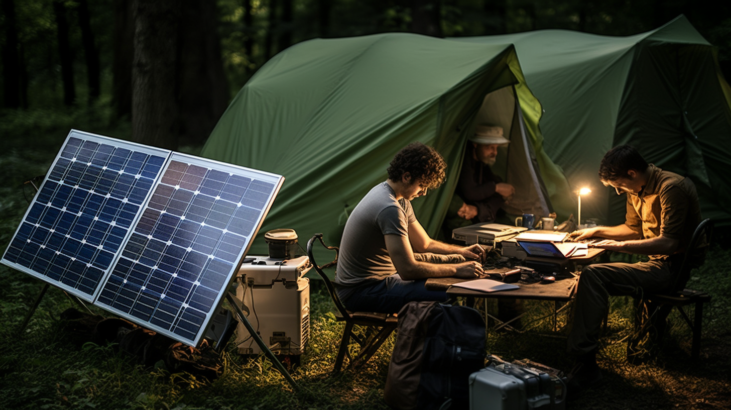 Tags: Personen campen im Freien und verwenden tragbare Solarmodule; Leute nutzen tragbare Solarmodule in einer Gartenumgebung; Menschen verwenden tragbare Solarmodule in einem Notfall