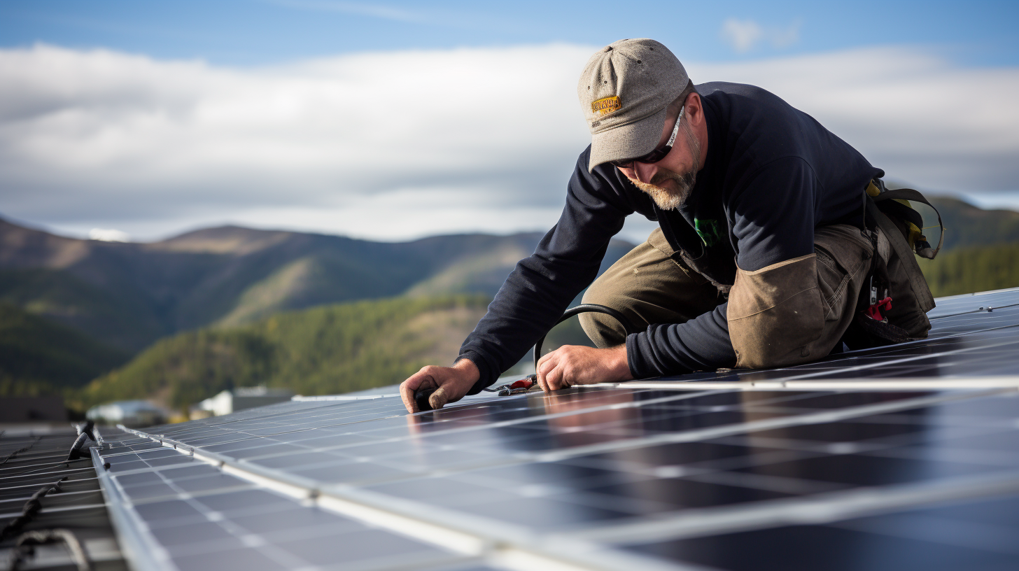 Eine Person installiert Solarmodule auf einem Dach und veranschaulicht damit den menschlichen Aspekt der Solarstromerzeugung sowie die Bedeutung einer angemessenen Installation für eine effiziente Energieproduktion.