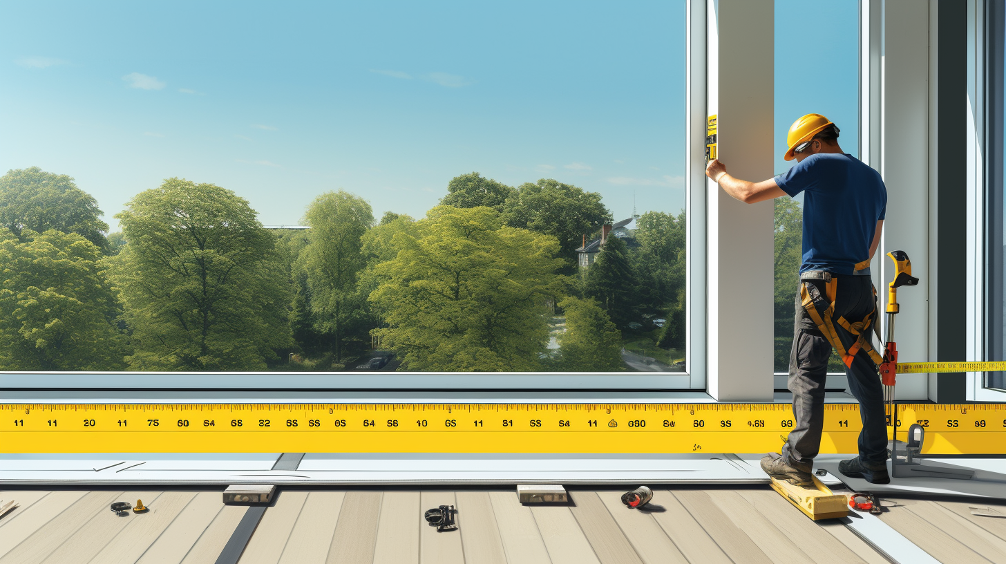Eine Person misst mit einem Maßband die Größe eines Balkons für die Installation eines Solarmodul-Kits