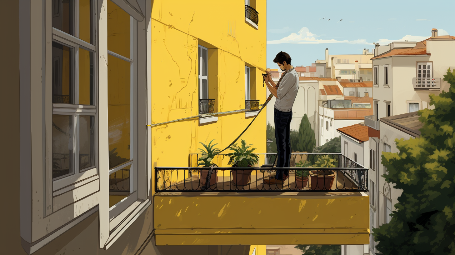 Eine Person verwendet ein Maßband, um die Größe eines kleinen Balkons zu messen.