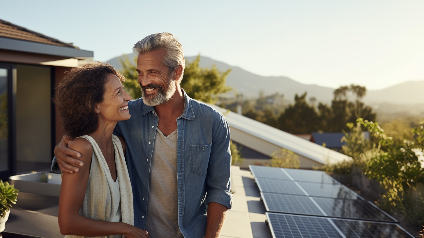 Mittelständisches Paar betrachtet eine Solaranlageninstallation auf ihrem Balkon und ist begeistert von ihrem Schritt in Richtung Nachhaltigkeit.