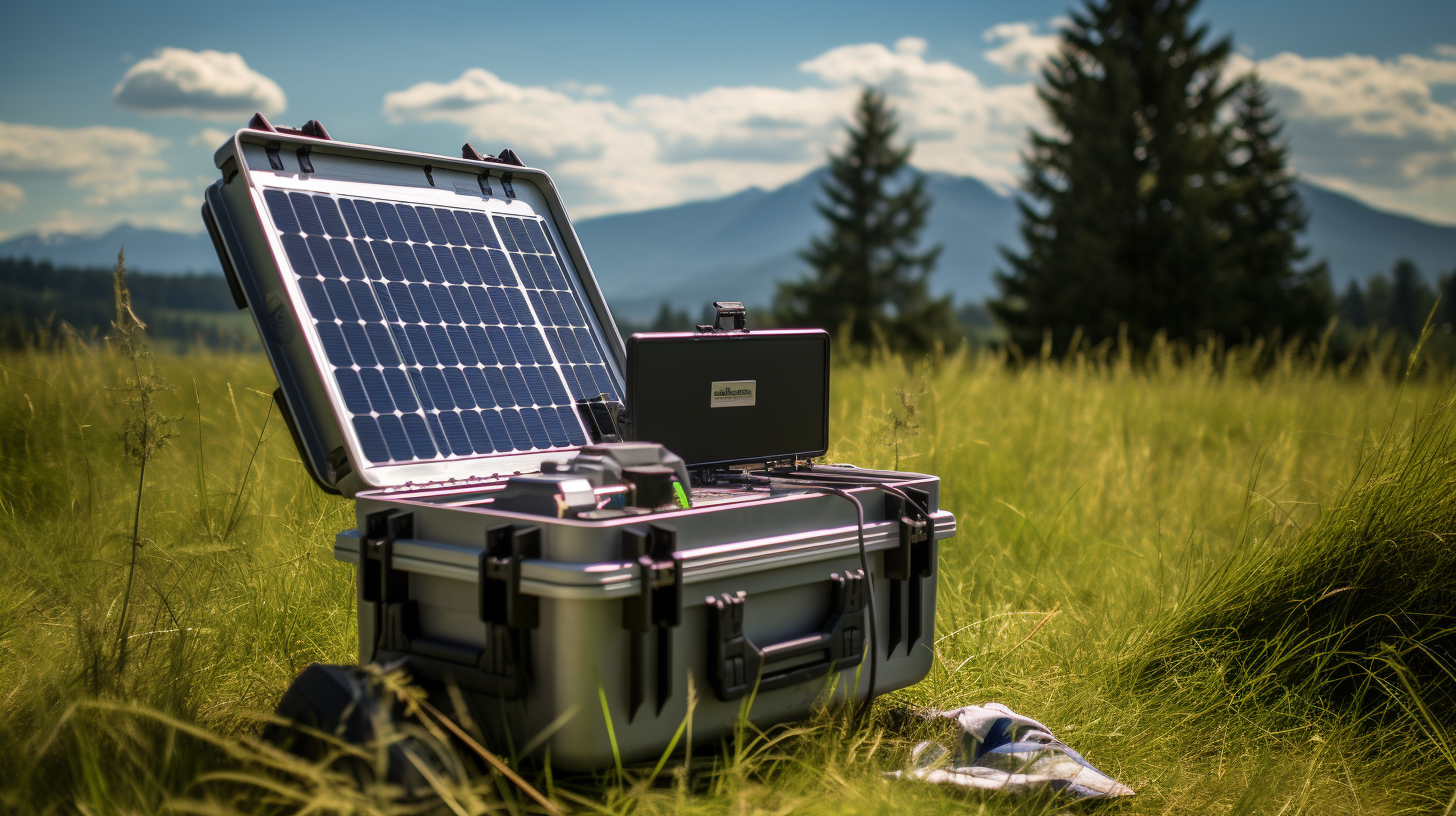 Eine tragbare Solaranlage, die an einem sonnigen Tag im Freien aufgestellt ist, mit sichtbaren Teilen wie dem Solarmodul, der Batterie und dem Wechselrichter.