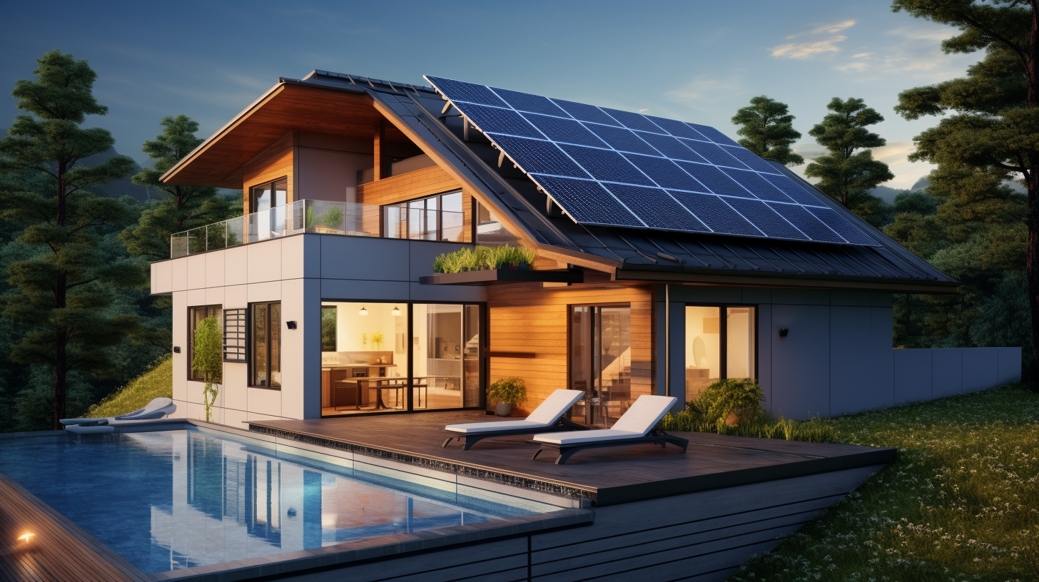 Ein modernes Haus, ausgestattet mit Sonnenkollektoren auf dem Dach, um das Konzept der Nutzung von Sonnenenergie zur heimischen Warm-wasseraufbereitung darzustellen.