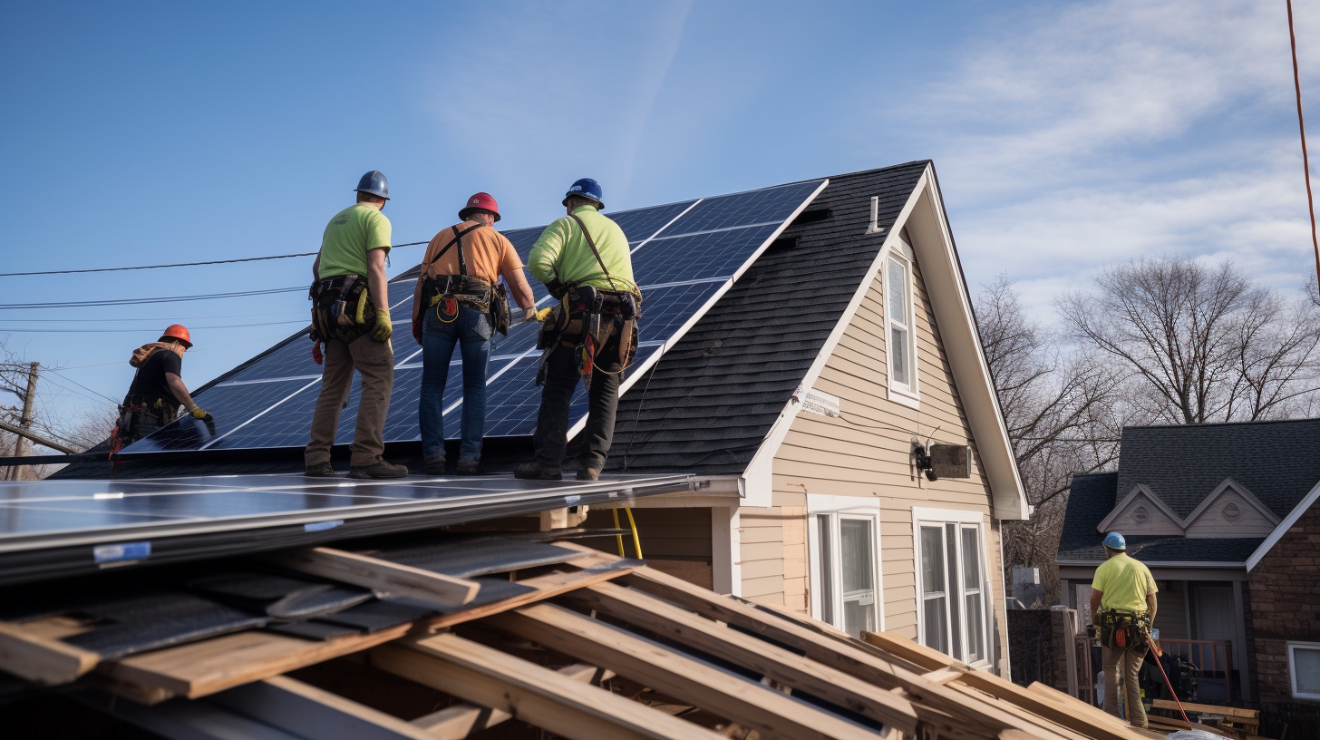 Eine Gruppe von Bauarbeitern installiert ein Solarsystem auf einem Hausdach.