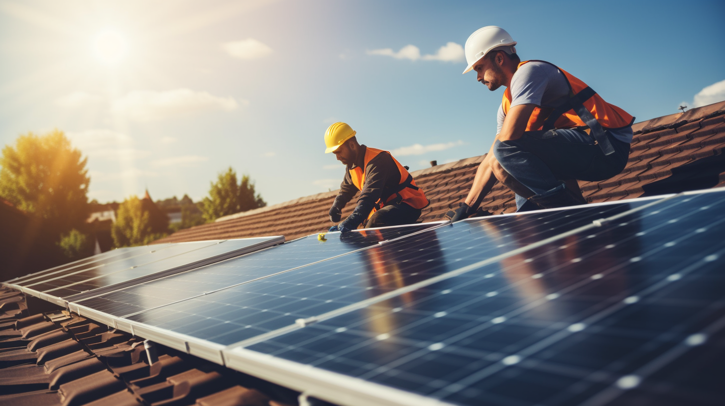 Eine kleine Gruppe von Arbeitern montiert bei sonnigem Wetter Photovoltaik-Solarzellen auf einem Dach.