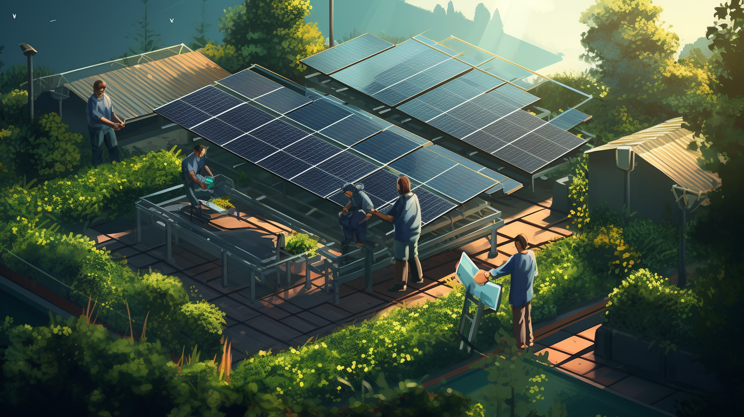 Eine Gruppe von Ingenieuren installiert Solarpaneele in einem Garten