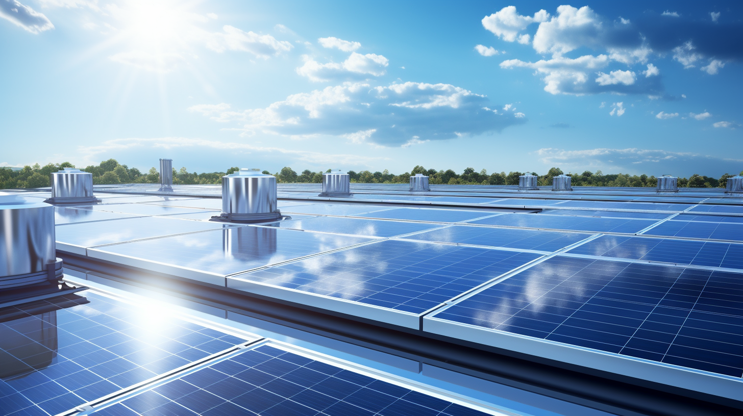 Ein fotorealistisches Bild zeigt eine thermische Solaranlageninstallation auf einem Dach, mit der Sonne und dem klaren blauen Himmel im Hintergrund. Die Umgebung ist energieeffizient und umweltfreundlich, was die nachhaltige Natur der thermischen Solarpaneele widerspiegelt.