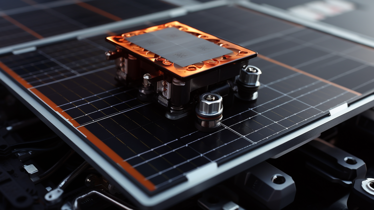 Eine Nahaufnahme eines Mini-Solarpanels zeigt die photovoltaischen Zellen und das Steckersystem.
