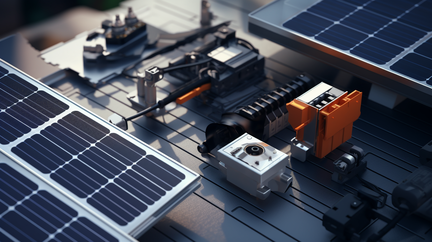Eine Nahaufnahme von verschiedenen Teilen eines steckerfertigen Solarmodulsystems, einschließlich Solarzellen, Wechselrichter und einem Steckdosenadapter.