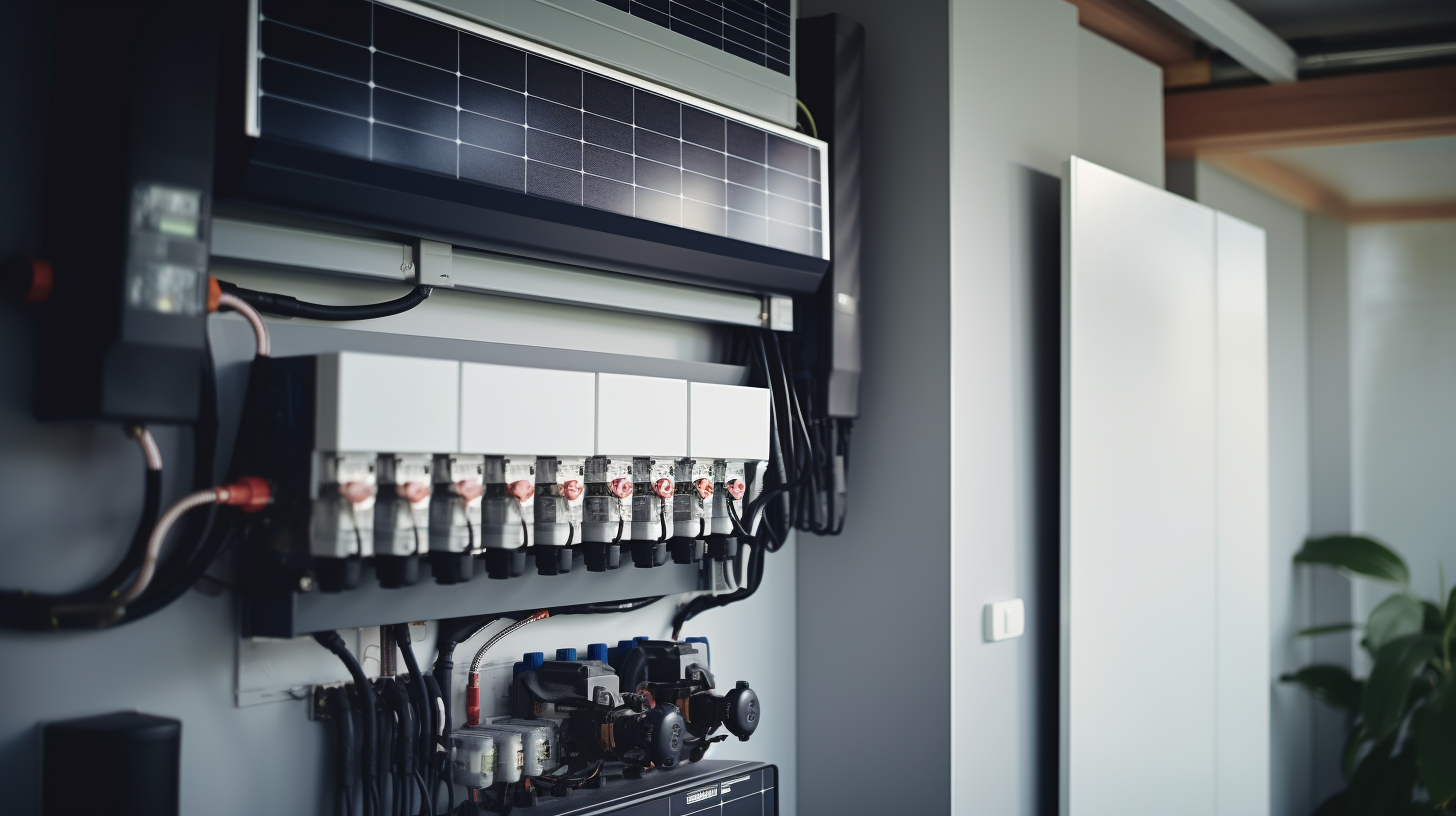 Eine Nahaufnahme eines modernen Solarenergie-Speichersystems im Hauswirtschaftsraum eines Hauses.