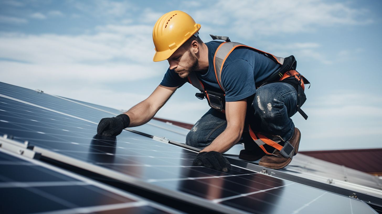Nahaufnahme eines Technikers, der ein Solarmodul auf einem Dach installiert und dabei die Solarmodule, den Wechselrichter und das Montagesystem hervorhebt.