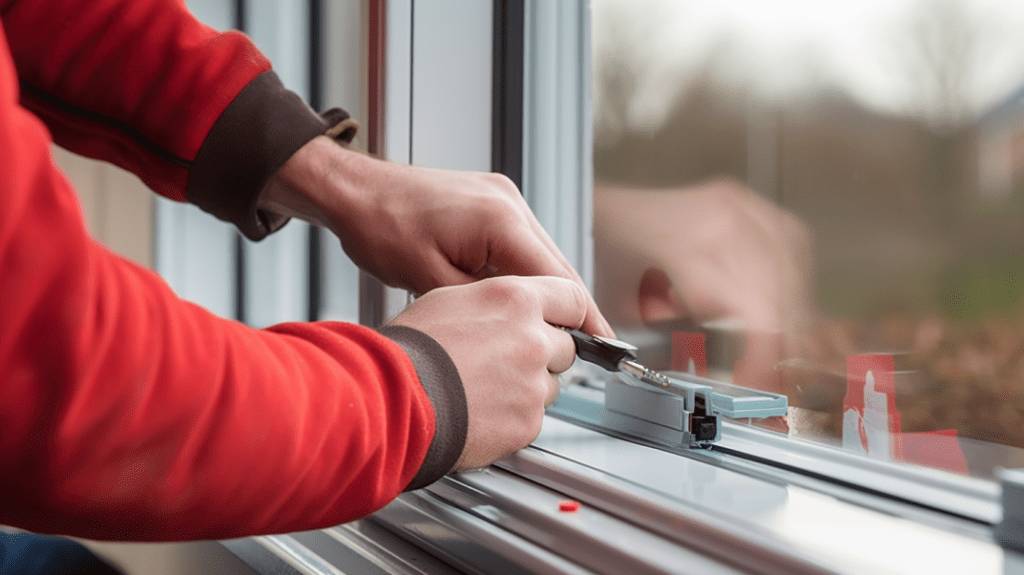 Eine Nahaufnahme der Hände eines Arbeiters, der akribisch ein neues Fenster in ein Haus einbaut.