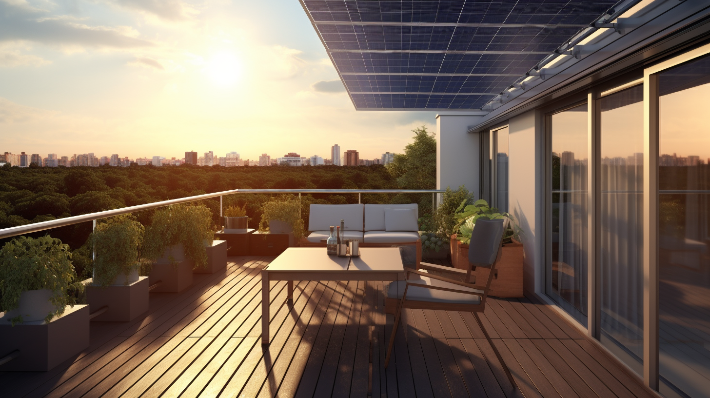 Dieses Bild soll ein optimal installiertes 1000W Balkon-Solarsystem zeigen, das direkter Sonneneinstrahlung ausgesetzt ist, idealerweise an einem sonnigen Tag.