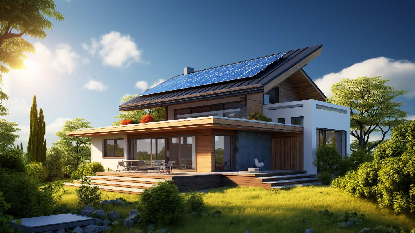 Ein Panoramabild, das ein Familienhaus zeigt, auf dessen Dach ein Solarmodulsystem installiert ist, vor einem klaren, sonnigen Himmel.