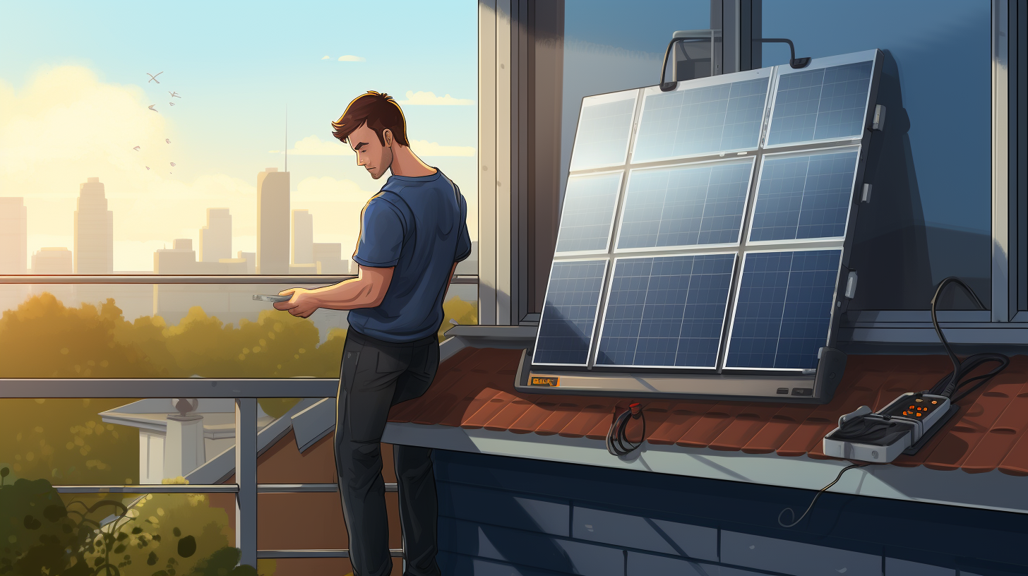 Eine Person beobachtet auf ihrem Balkon die Ausgabeanzeige eines Solarpanels ihrer Solaranlage, um kWh zu messen.