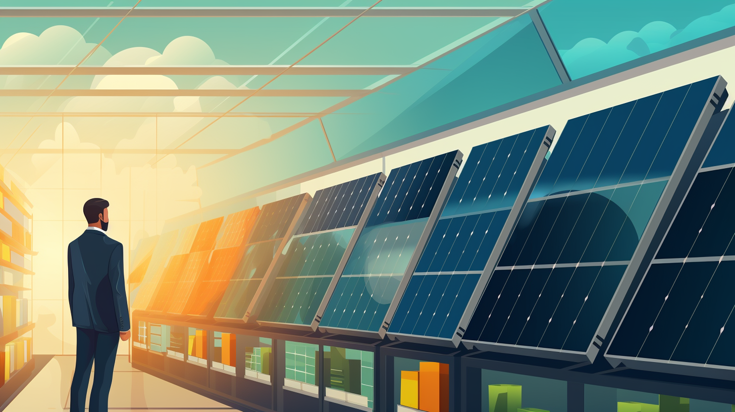 Eine Person betrachtet verschiedene Arten von Solarzellen in einem Laden.
