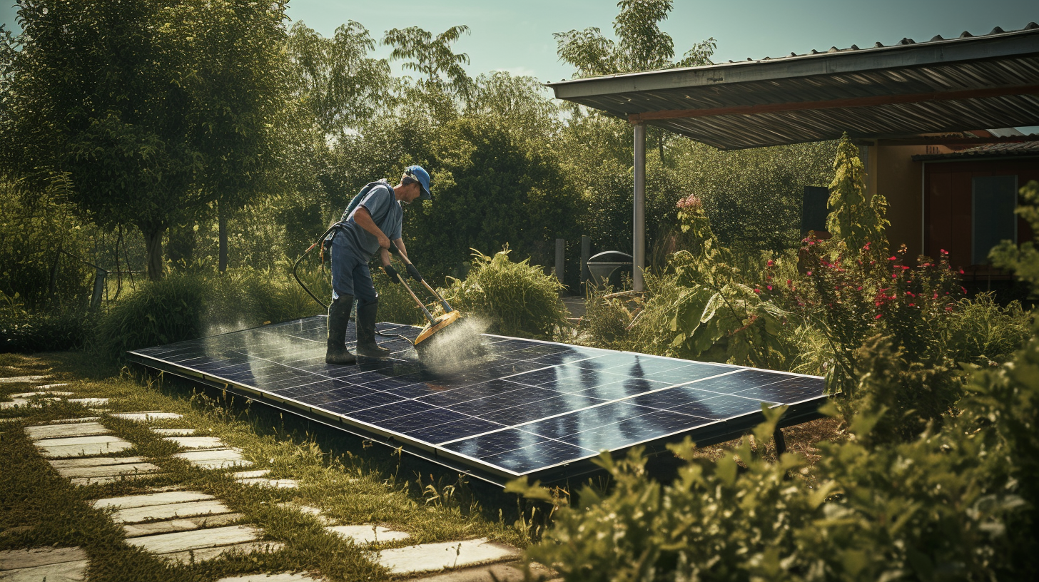 Eine Person reinigt mit einer Bürste ein Solarmodul in einem Garten.