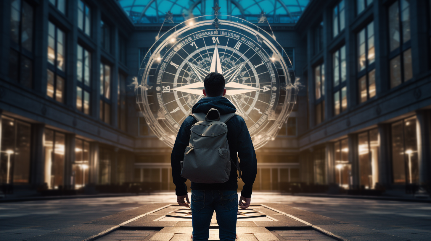 Eine Person steht vor einem Gebäude und betrachtet einen Kompass.