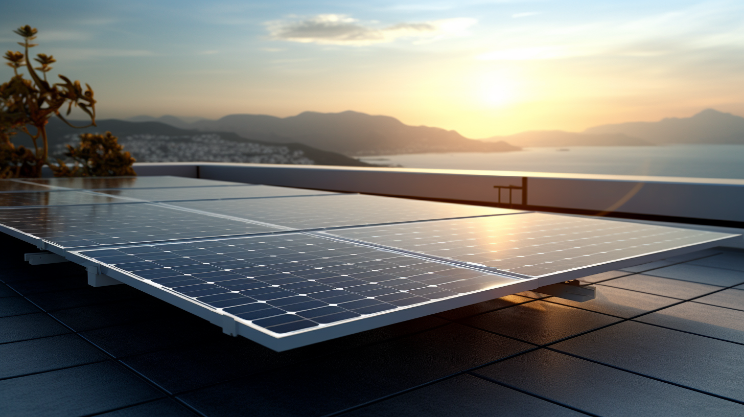 Ein fotorealistisches Bild beschreibt ein auf einem Dach installiertes Photovoltaik-Solarmodul.
