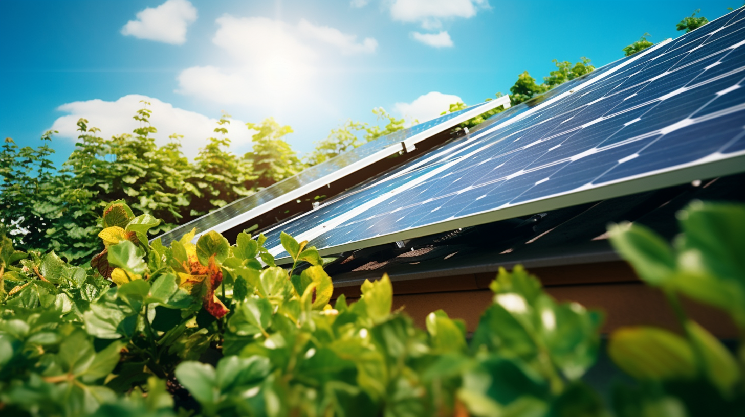 Detaillierte Aufnahme eines kleinen Gartenhausdachs, das mit Solarzellen bedeckt ist, die unter dem klaren Nachmittagshimmel leuchtend strahlen.