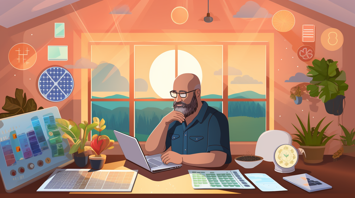 Ein Mann mittleren Alters sitzt in seinem Homeoffice und betrachtet seinen Laptop, neben dem ein Taschenrechner liegt. Auf dem Bildschirm sind lebhaft gefärbte Symbole zu sehen, die die Sonne, ein Solarmodul und ein Haus darstellen und verschiedene Aspekte staatlicher Förderoptionen für Solarenergie repräsentieren.