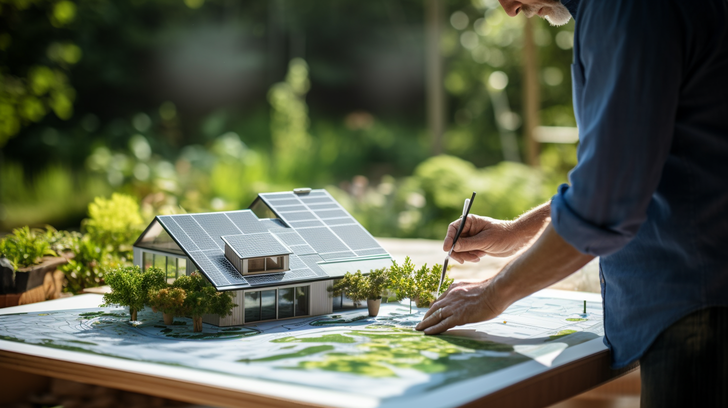 Eine Person betrachtet den Bauplan eines Gartenhauses mit einem Solarmodul auf dem Dach.