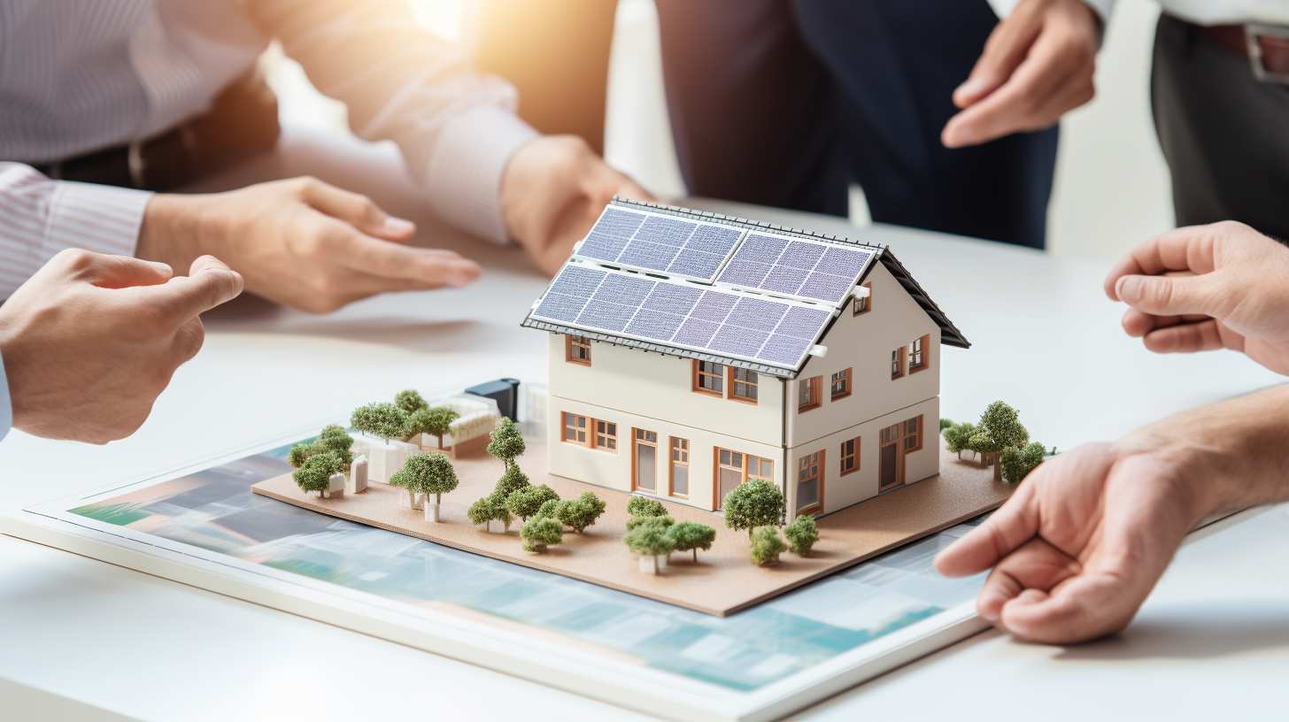 Eine Gruppe von Menschen diskutiert die Pläne für eine Installation eines Solarenergiesystems, während sie ein fotorealistisches 3D-Modell eines Hauses mit Solarpaneelen betrachten.