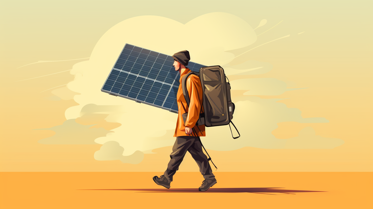 Person trägt ein mobiles Solarpanel mit einem Speichergerät in einer Tasche, was den Aspekt der Tragbarkeit und des Gewichts veranschaulicht.